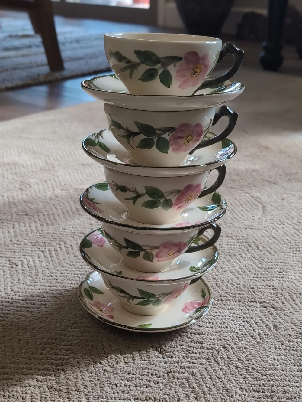 Set Of Five (5) Franciscan Desert Rose Tea Cups And Saucers